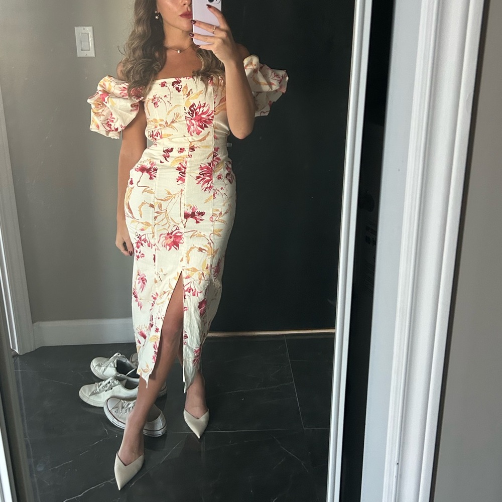 LINEN-BLEND OFF-THE-SHOULDER DRESS H&M